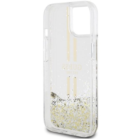 Guess GUHCP15MLFCSEGT iPhone 15 Plus / 14 Plus 6.7" átlátszó keménytok Liquid Glitter Gold Stripes