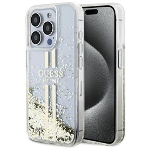 Guess GUHCP15LLFCSEGT iPhone 15 Pro 6.1" átlátszó keménytok Liquid Glitter Gold Stripes