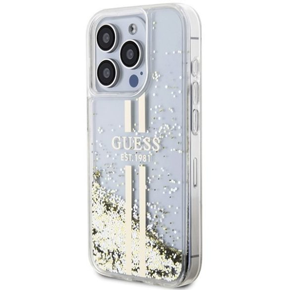 Guess GUHCP15LLFCSEGT iPhone 15 Pro 6.1" átlátszó keménytok Liquid Glitter Gold Stripes