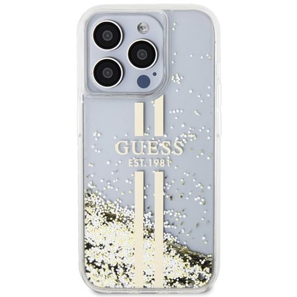 Guess GUHCP15LLFCSEGT iPhone 15 Pro 6.1" átlátszó keménytok Liquid Glitter Gold Stripes