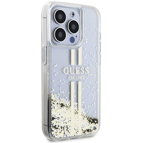 Guess GUHCP15LLFCSEGT iPhone 15 Pro 6.1" átlátszó keménytok Liquid Glitter Gold Stripes