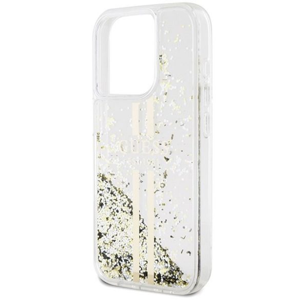 Guess GUHCP15LLFCSEGT iPhone 15 Pro 6.1" átlátszó keménytok Liquid Glitter Gold Stripes