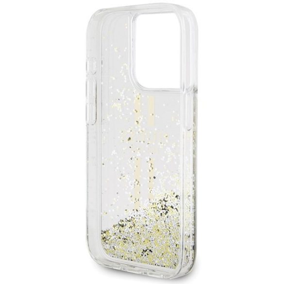 Guess GUHCP15LLFCSEGT iPhone 15 Pro 6.1" átlátszó keménytok Liquid Glitter Gold Stripes