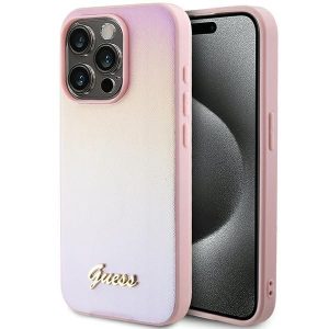 Guess GUHCP15LPSAIRSP iPhone 15 Pro 6.1" rózsaszín keménytok Saffiano Irizáló írásjelek