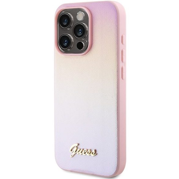 Guess GUHCP15XPSAIRSP iPhone 15 Pro Max 6.7" rózsaszín keménytok Saffiano irizáló írással