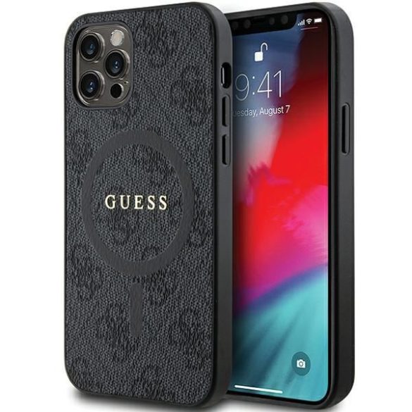 Guess GUHMP12MG4GFRK iPhone 12/12 Pro 6.1" fekete keménytok 4G Collection bőr fém logó MagSafe