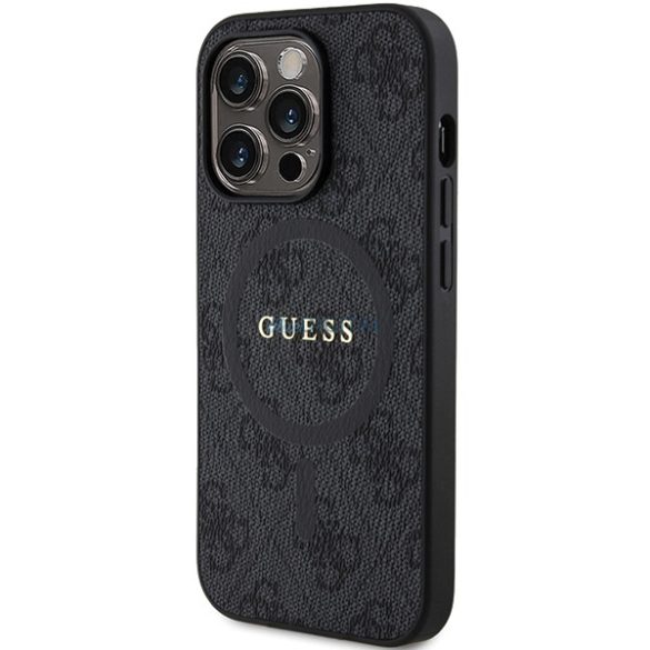 Guess GUHMP14LG4GFRK iPhone 14 Pro 6.1" fekete keménytok 4G Collection bőr fém logó MagSafe