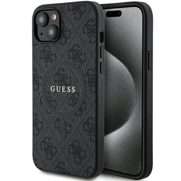 Guess GUHMP15SG4GFRK iPhone 15 / 14 / 13 6.1" fekete keménytok 4G Collection bőr fém logó MagSafe