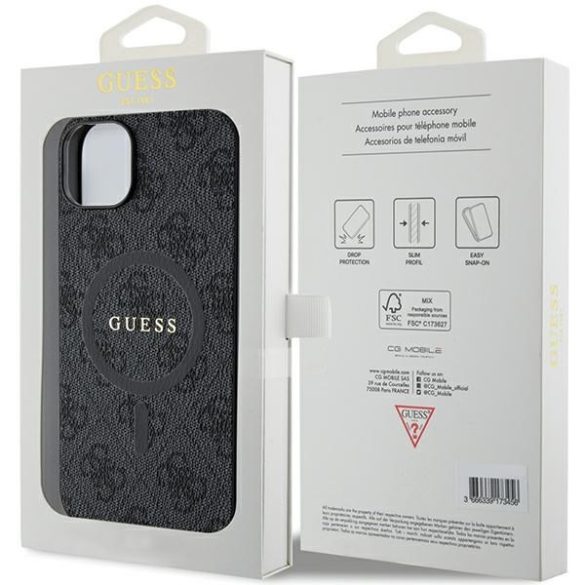 Guess GUHMP15SG4GFRK iPhone 15 / 14 / 13 6.1" fekete keménytok 4G Collection bőr fém logó MagSafe