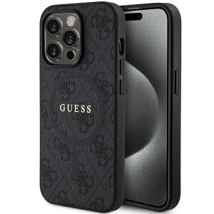 Guess GUHMP15XG4GFRK iPhone 15 Pro Max 6.7" fekete keménytok 4G Collection bőr fém logó MagSafe