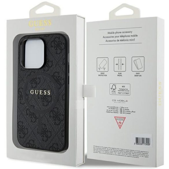 Guess GUHMP15XG4GFRK iPhone 15 Pro Max 6.7" fekete keménytok 4G Collection bőr fém logó MagSafe