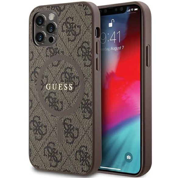 Guess GUHMP12MG4GFRW iPhone 12/12 Pro 6.1" barna keménytok 4G Collection bőr fém logó MagSafe