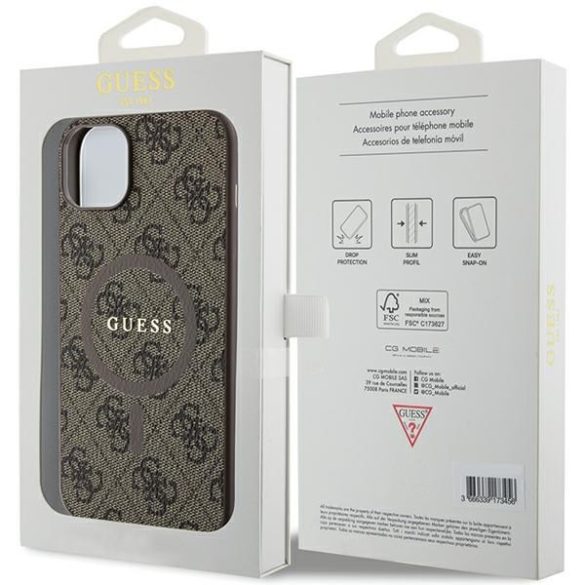 Guess GUHMP15MG4GFRW iPhone 15 Plus / 14 Plus 6.7" barna keménytok 4G Collection bőr fém logó MagSafe