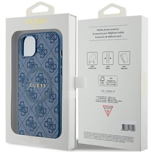 Guess GUHMP15MG4GFRB iPhone 15 Plus / 14 Plus 6.7" kék keménytok 4G Collection bőr fém logó MagSafe