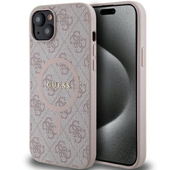 Guess GUHMP15SG4GFRP iPhone 15 / 14 / 13 6.1" rózsaszín keménytok 4G Collection bőr fém logó MagSafe