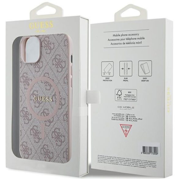 Guess GUHMP15MG4GFRP iPhone 15 Plus / 14 Plus 6.7" rózsaszín keménytok 4G Collection bőr fém logó MagSafe