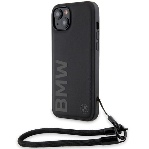 BMW BMHCP15M23RMRLK iPhone 15 Plus / 14 Plus 6.7" fekete keménytok Signature Leather Wordmark zsinór