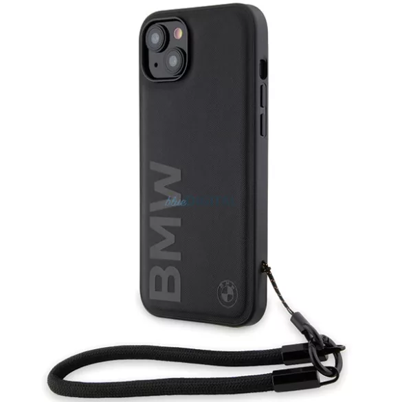BMW BMHCP15M23RMRLK iPhone 15 Plus 6.7" fekete keménytok Signature Leather Wordmark zsinór