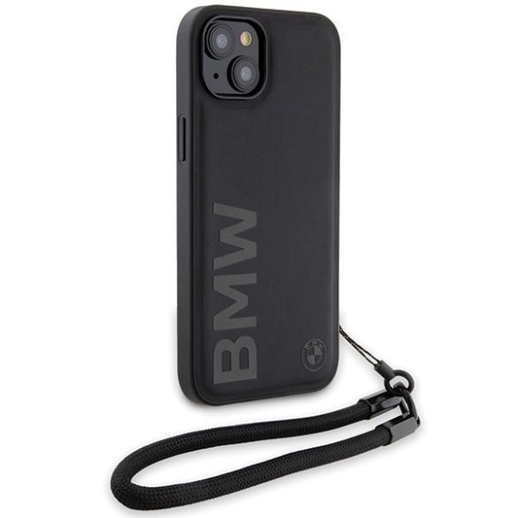 BMW BMHCP15M23RMRLK iPhone 15 Plus / 14 Plus 6.7" fekete keménytok Signature Leather Wordmark zsinór