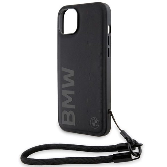 BMW BMHCP15M23RMRLK iPhone 15 Plus / 14 Plus 6.7" fekete keménytok Signature Leather Wordmark zsinór