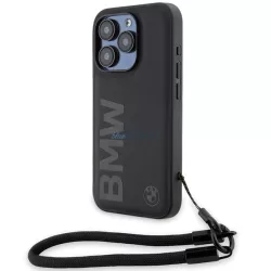   BMW BMHCP15X23RMRLK iPhone 15 Pro Max 6.7" fekete keménytok Signature Leather Wordmark zsinór