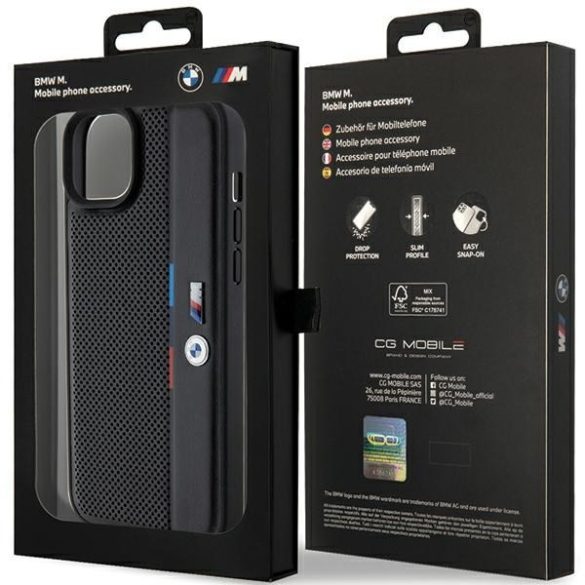 BMW BMHCP15M23PUPVK iPhone 15 Plus / 14 Plus 6.7" fekete keménytok perforált trikolor vonal
