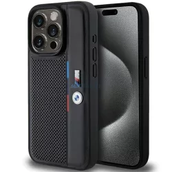   BMW BMHCP15L23PUPVK iPhone 15 Pro 6.1" fekete keménytok perforált trikolor vonalú