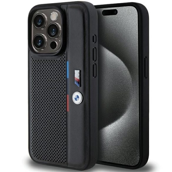 BMW BMHCP15L23PUPVK iPhone 15 Pro 6.1" fekete keménytok perforált trikolor vonalú