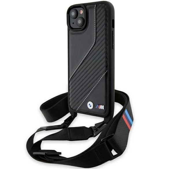BMW BMHCP15Samsung Galaxy S23PSCCK iPhone 15 / 14 / 13 fekete keménytok M Edition Carbon Stripe és szíj