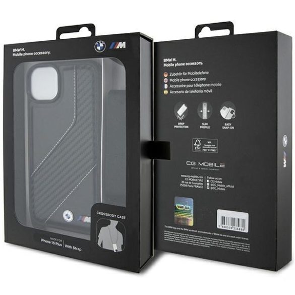 BMW BMHCP15Samsung Galaxy S23PSCCK iPhone 15 / 14 / 13 fekete keménytok M Edition Carbon Stripe és szíj