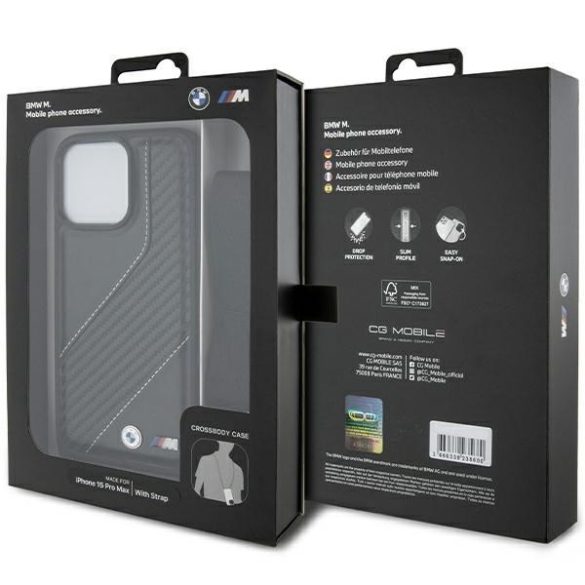 BMW BMHCP15X23PSCCK iPhone 15 Pro Max 6.7" fekete keménytok M Edition Carbon Stripe és szíj