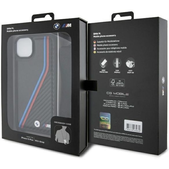 BMW BMHCP15M23PSVTK iPhone 15 Plus / 14 Plus 6.7" fekete keménytok M Edition Carbon Tricolor Lines & Stra