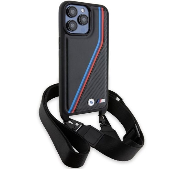 BMW BMHCP15L23PSVTK iPhone 15 Pro 6.1" fekete keménytok M Edition Carbon Tricolor Lines & Strap