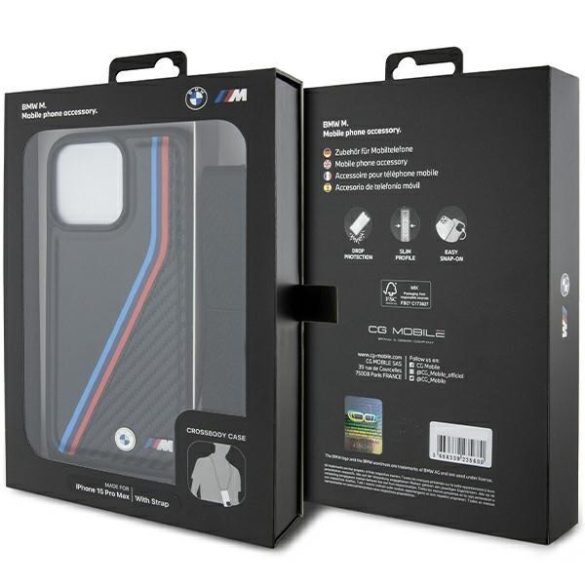 BMW BMHCP15L23PSVTK iPhone 15 Pro 6.1" fekete keménytok M Edition Carbon Tricolor Lines & Strap