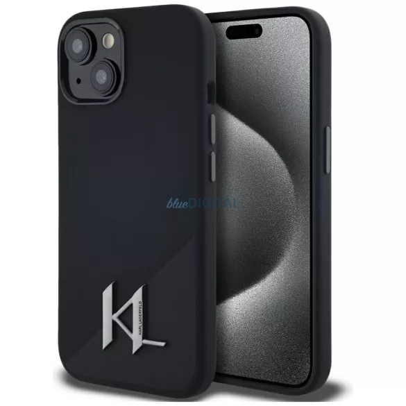 Karl Lagerfeld szilikon tok, fém betűvel, MagSafe-kompatibilis, iPhone 15, fekete