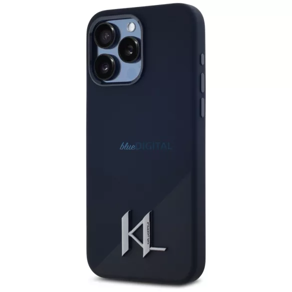 Karl Lagerfeld szilikon tok, fém betűvel, MagSafe-kompatibilis, iPhone 15 Pro, fekete