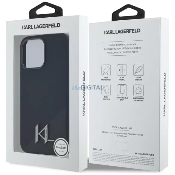Karl Lagerfeld szilikon tok, fém betűvel, MagSafe-kompatibilis, iPhone 15 Pro, fekete