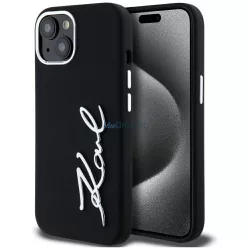   Karl Lagerfeld szilikon-fém betűs logós tok iPhone 15, fekete