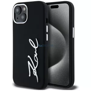 Karl Lagerfeld szilikon-fém betűs logós tok iPhone 15, fekete