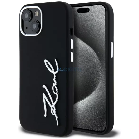 Karl Lagerfeld szilikon-fém betűs logós tok iPhone 15, fekete