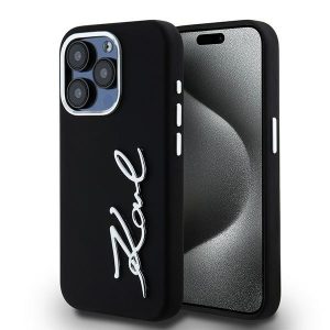 Karl Lagerfeld KLHCP15LSCMSMMVK Silicone Metal Script Logo keménytok iPhone 15 Pro - fekete