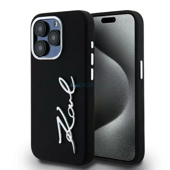 Karl Lagerfeld szilikon-fém betűs logós tok iPhone 15 Pro Max, fekete