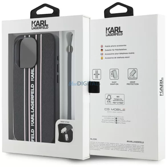 Tok Karl Lagerfeld Saffiano Athleisure  csíkos zsinór az iPhone 15 Pro, rózsaszín