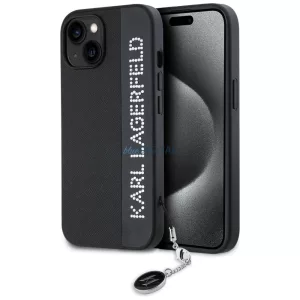 Karl Lagerfeld KLHCP15SPSAKDGCK Saffiano Rhinestones & Charm tok iPhone 15 - fekete