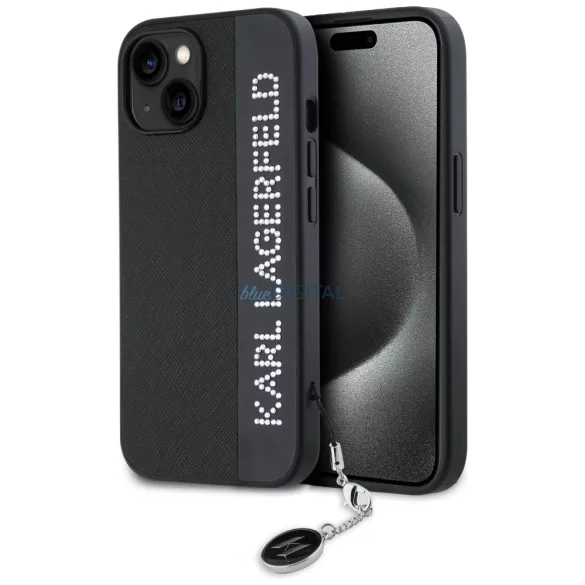 Karl Lagerfeld KLHCP15SPSAKDGCK Saffiano Rhinestones & Charm tok iPhone 15 - fekete