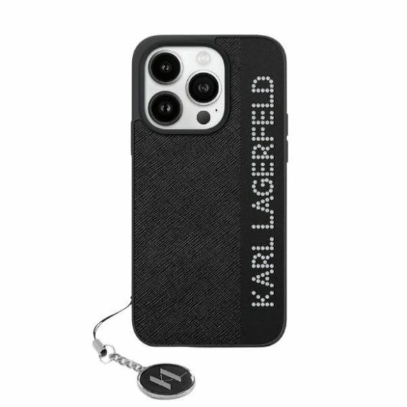 Karl Lagerfeld KLHCP15SPSAKDGCK Saffiano Rhinestones & Charm tok iPhone 15/14/13 - fekete