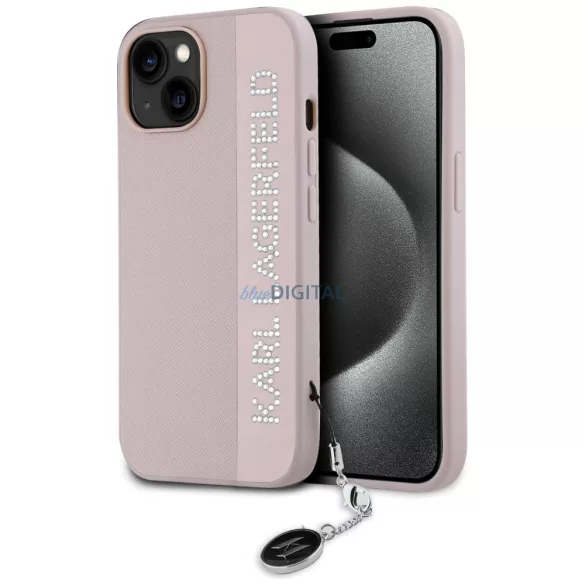 Karl Lagerfeld KLHCP15SPSAKDGCP Saffiano Rhinestones & Charm tok iPhone 15 - rózsaszín