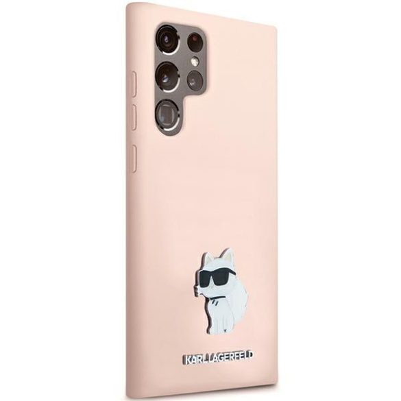 Karl Lagerfeld KLHCS24LSMHCNPP Silicone Choupette Metal Pin keménytok Samsung Galaxy S24 Ultra - rózsaszín