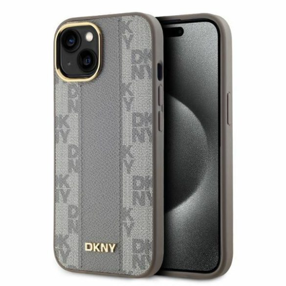 DKNY DKHMP14SPCPVSLE Leather Checkered Mono Pattern MagSafe keménytok iPhone 14 - bézs