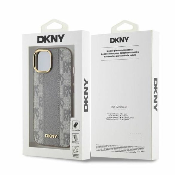 DKNY DKHMP14SPCPVSLE Leather Checkered Mono Pattern MagSafe keménytok iPhone 14 - bézs